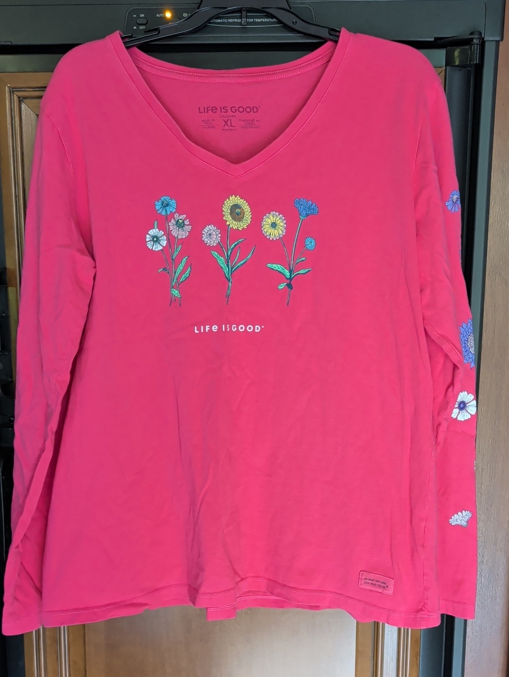 Life Is Good Women's Pink Long Sleeve V-Neck Tee with Floral Print
